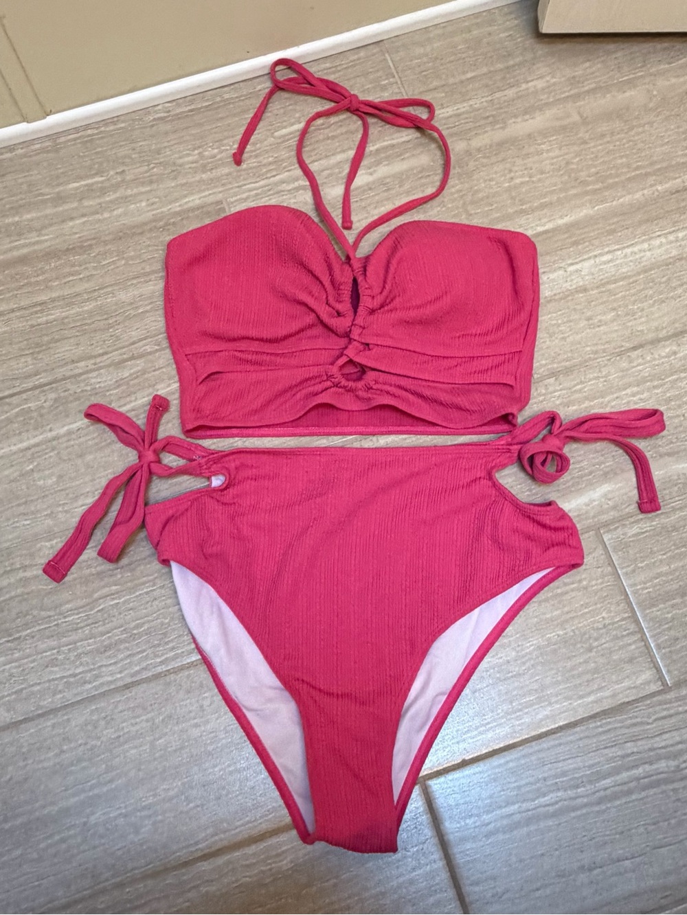 Pink Ribbed Tie-Side Bikini Set size 1XL